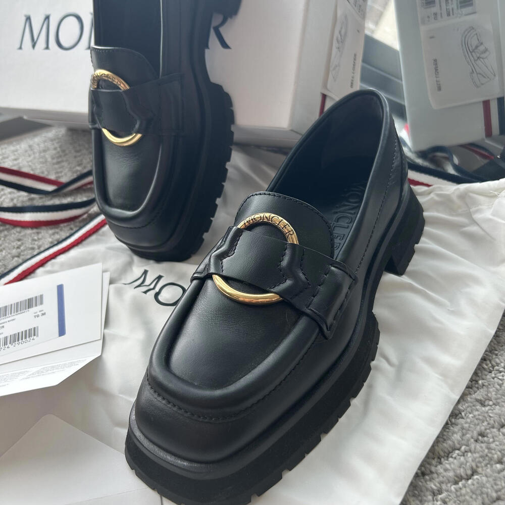 Moncler Women's Black Leather Loafers with Gold Accent